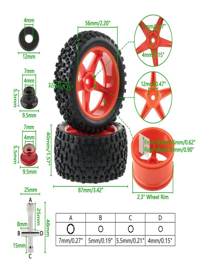 Rchobbytop 1/10 Buggy Tires & Wheels Set - Front & Rear Different Sizes 12mm Hex Red 5-Spoke Rims, Compatible with Traxxas Bandit, Redcat, Tamiya - Includes Lock Nuts, Washers & Wrench - Image 3